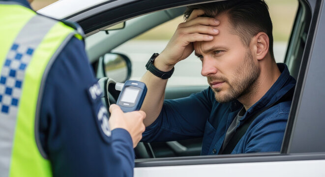 Man in car appears anxious as police officer conducts breathalyzer test during traffic stop on a roadside