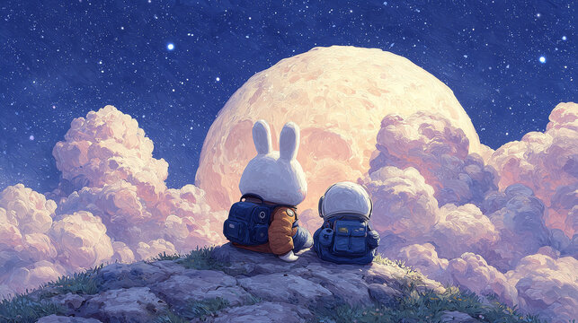 Watercolor of animals and young astronauts go on space