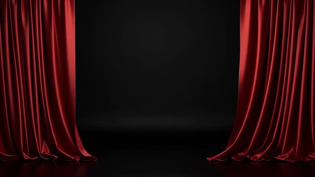 Elegant red velvet theater curtains parted to reveal a dark stage with dramatic spotlight effect and reflective floor