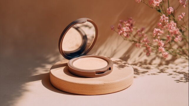 Compact makeup on pedestal with soft lighting & floral accent