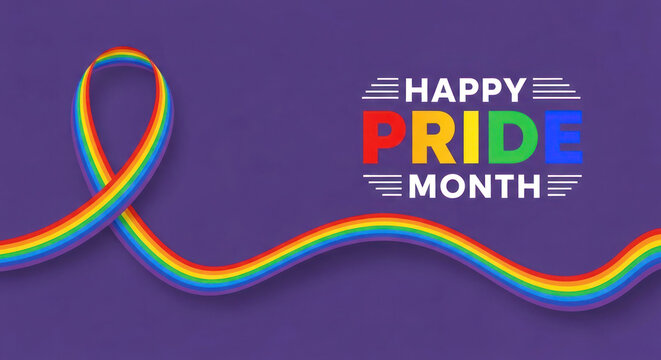 Colorful rainbow ribbon with text "Happy Pride Month" on a purple background, celebrating LGBTQ+ pride and inclusivity in June