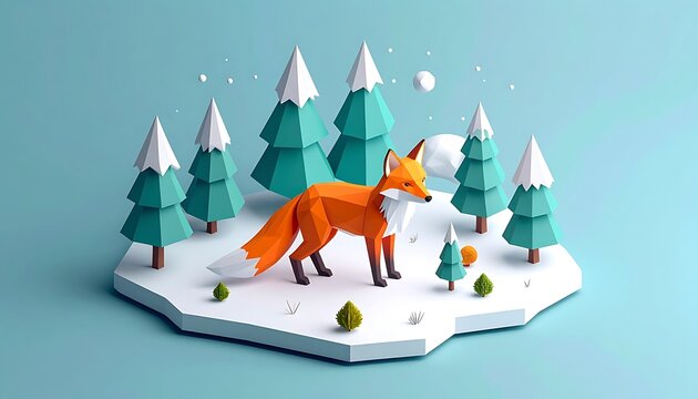 Pixel art fox standing in a snowy forest clearing, isometric view, winter landscape, cute animal, forest ecosystem, digital art, low poly style