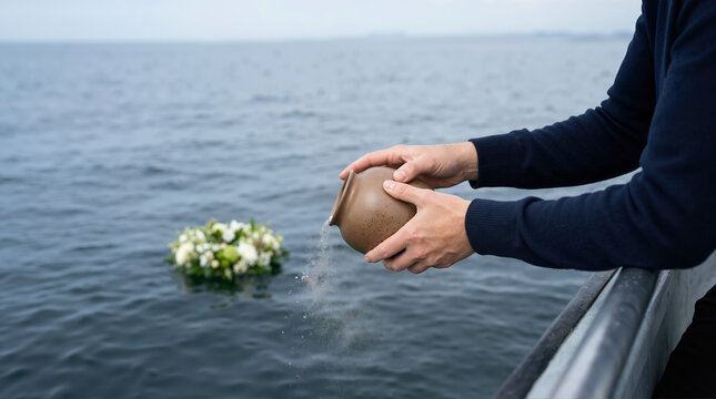 Hands pouring cremation ashes from a brown ceramic urn into the ocean. Maritime funeral ceremony with a floating flower wreath in the background. Scattering remains at sea memorial service