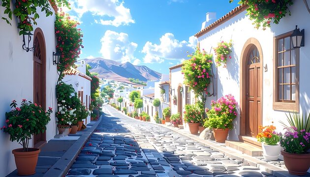 Picturesque Mediterranean village street lined with white houses and blooming flowers, sunny day, distant mountains, cobblestone path