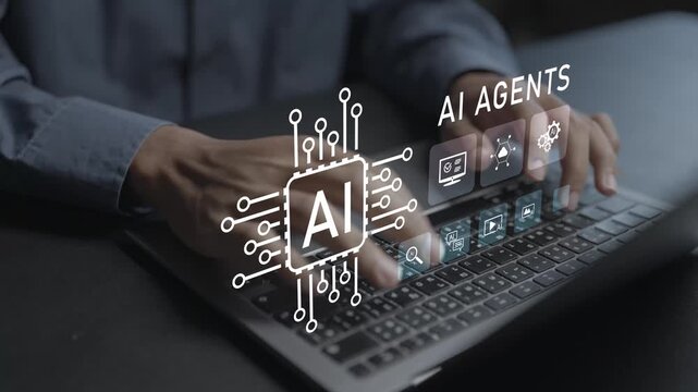 AI agent concept. Person using laptop with artificial intelligence and automation icons, smart digital assistant, intelligent workflow and productivity enhancement.
