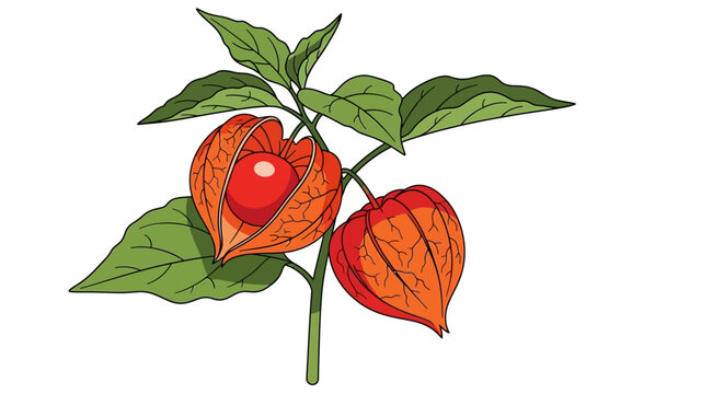 Illustration of a Chinese Lantern plant with bright orange fruit and green leaves.