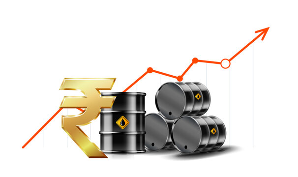 Crude oil barrels with rupee symbol illustrating inflation and energy price hike.