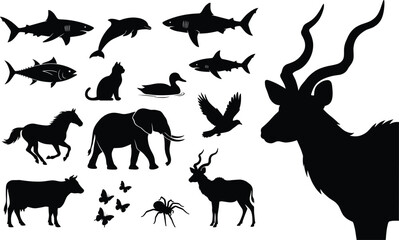 Naklejka premium Black animal silhouettes collection featuring a variety of wild animals marine life birds and insects isolated on white background