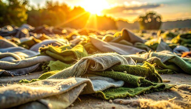 Pile of crumpled fabrics illuminated by golden hour sun rays, textured materials in natural colors, outdoor setting at sunset