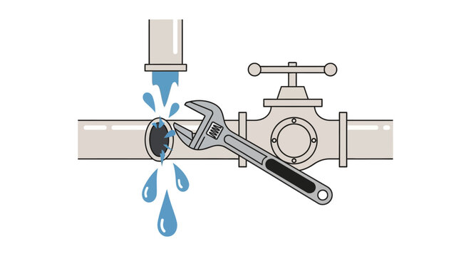 Wrench fixing leaking pipe with water.