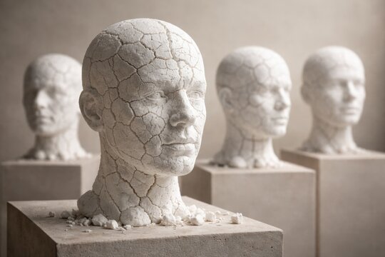 Neutral background display of abstract styrofoam human head sculptures with surface cracks