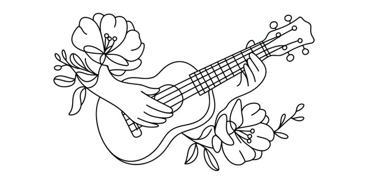 Hand playing a ukulele decorated with beautiful spring flowers