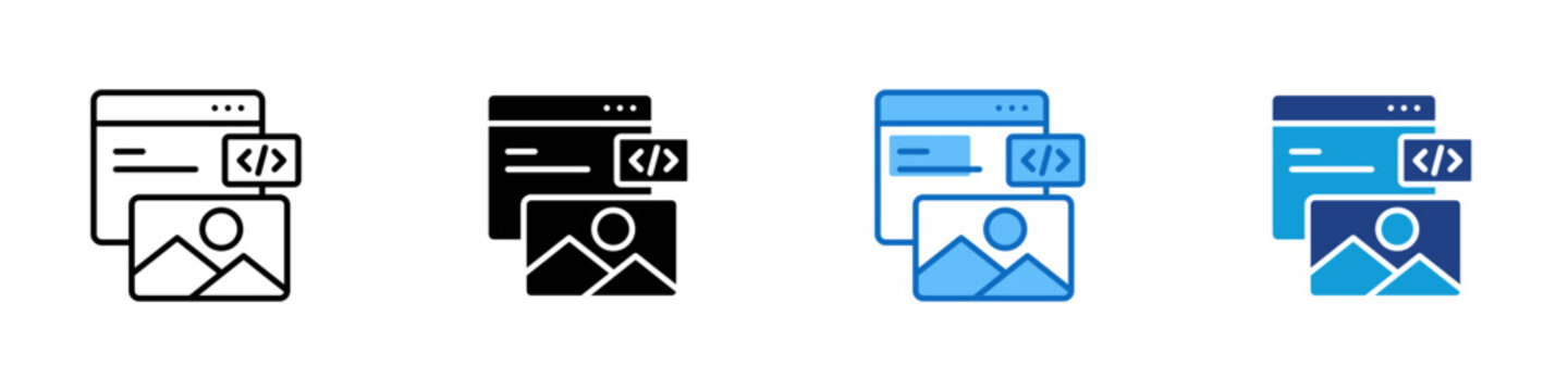 Web Content Multiple Style Icon Design Vector - Web page with code panel and image preview representing web content creation, frontend development, and multimedia publishing