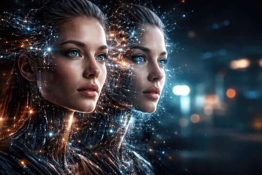 Creative cinematic AI based face replication using advanced visual effects with a clear copy space for text in futuristic art theme
