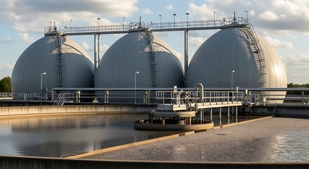 Obraz premium Industrial facility with three large domed tanks over a water treatment basin