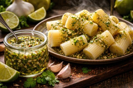 Garlic Lime Infused Mojo Sauce with Steaming Boiled Cassava