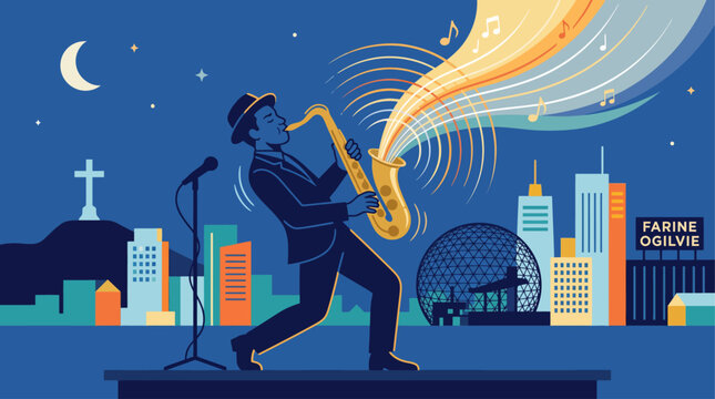 This flat design illustration depicts a passionate jazz saxophonist performing live on stage, surrounded by abstract sound wave elements. The 2D vector art captures the energy of a music festival.
