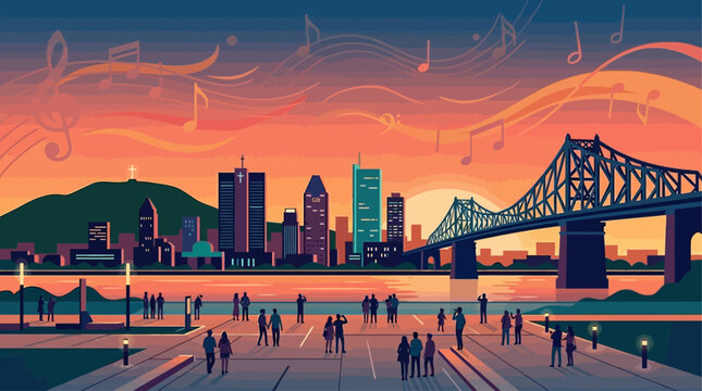 A vibrant flat design illustration capturing the essence of the Montreal International Jazz Festival with its iconic cityscape and musical elements. 