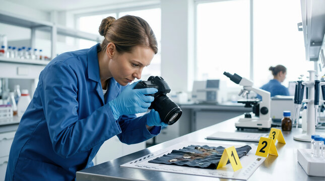 Female forensic scientist photographing evidence in a laboratory. Investigator taking pictures of a stained fabric with yellow markers. Crime scene analysis