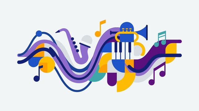 This minimalist flat design illustration visually interprets the dynamic rhythm and harmony of jazz music through abstract sound waves and geometric shapes. 