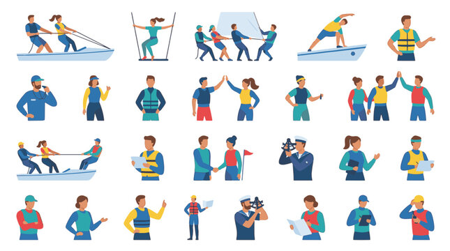 Flat vector illustration set of thirty different sailing boats and nautical vessels including yachts, catamarans, and sailboats isolated on a white background for design projects.