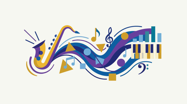 This minimalist flat design illustration visually interprets the dynamic rhythm and harmony of jazz music through abstract sound waves and geometric shapes. 