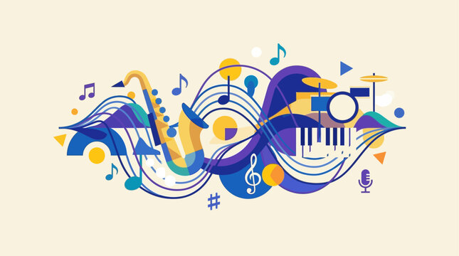 This minimalist flat design illustration visually interprets the dynamic rhythm and harmony of jazz music through abstract sound waves and geometric shapes. 