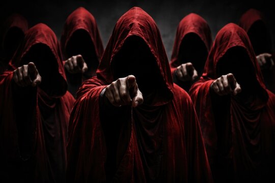Shadowed figures in red hooded garments with hidden faces displaying pointing fingers