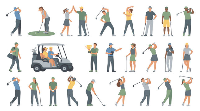 Comprehensive set of 30 flat vector illustrations featuring various golf equipment and icons including clubs, balls, bags, carts, flags, tees, and apparel on a white background.