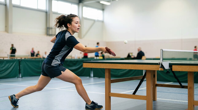 Young female table tennis player hitting the ball. Woman playing ping pong in a gymnasium. Active sports and recreation concept