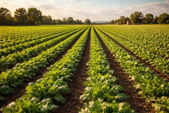 Well maintained sugar beet field showing orderly rows on a warm summer afternoon