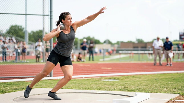 Female athlete throwing shot put in track and field stadium. Strong woman in mid-motion during throwing event. Athletic competition concept