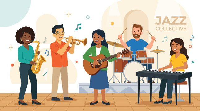 This cheerful flat design illustration showcases a diverse group of people happily holding various jazz instruments, symbolizing musical collaboration and community. 