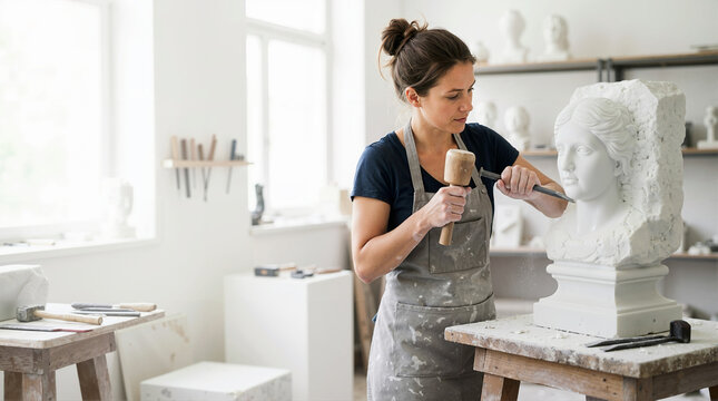 Female sculptor chiseling a classical bust in an art studio. Young woman carving a white stone statue with a mallet and chisel. Creative artistic process
