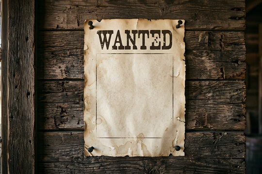A blank wanted poster hanging against a rustic wooden wall background.
