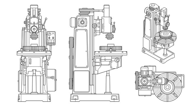 Gear shaper machine technical drawing blueprint with front side back and top views CAD line art vector illustration