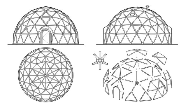 Geodesic dome structure technical drawing blueprint with front side back and top views CAD line art vector illustration