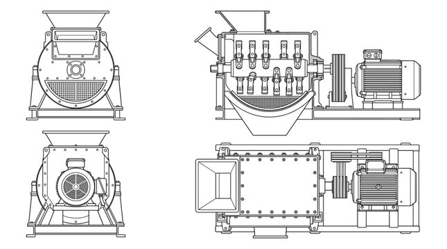 Hammer mill machine technical drawing blueprint with front side back and top views CAD line art vector illustration