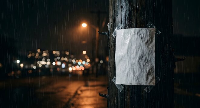 White paper flyer taped to a wet wooden pole, night