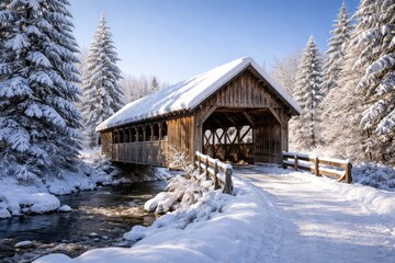 Fototapeta premium Wooden covered bridge in a snowy winter setting with clear skies