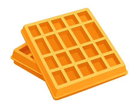 Two golden, square waffles are stacked at a slight angle against a clean white background. Each waffle has the classic grid pattern