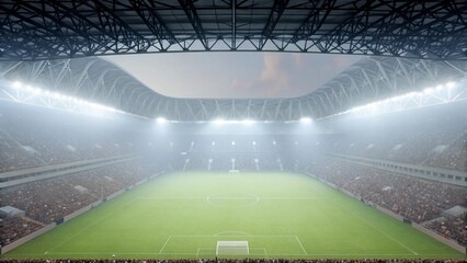Massive modern football stadium at night filled with cheering crowd, panoramic wide angle view, bright blue white floodlights illuminating vibrant green soccer field, cinematic championship  © Bisnislogo