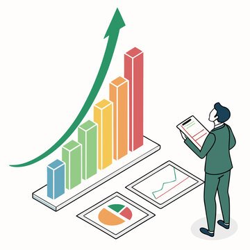 isometric bar graph with businessman analyzing data on tablet