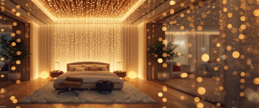 Blurred bedroom atrium showcasing glowing lights for luxury design background