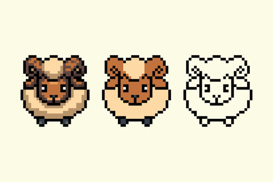 Cute Ram Sheep Pixel Art Character Sprite Set. A 2D pixel art asset featuring a cute ram sheep character with curved horns. The set includes three variations.