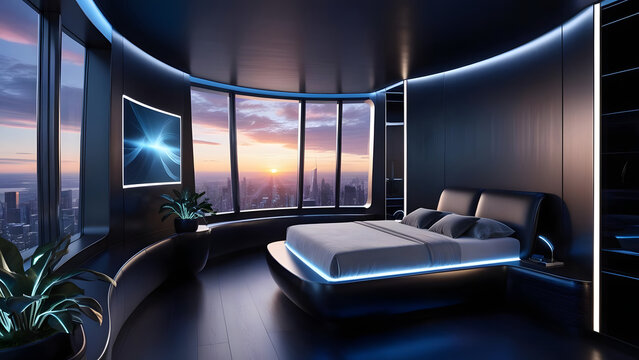 Futuristic Luxury Bedroom with City View at Sunset, Neon Lights