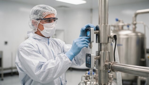 Pharmaceutical technician adjusting digital pressure sensors in a sterile lab environment ensuring compliance with stringent industry standards.