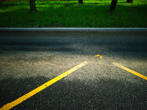 Yellow road line and green near road grass background