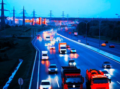 Retro blueish night highway road illustration backdrop