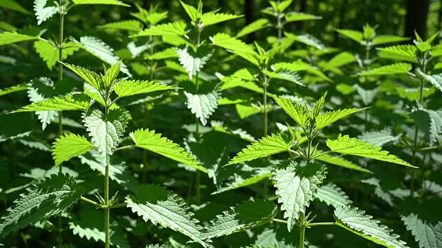 Vibrant green stinging nettles in a sunlit outdoor environment